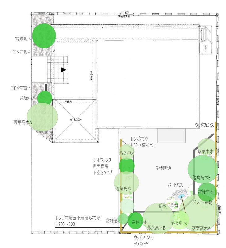 【ケース3】約46㎡のお庭の場合
ウッドフェンス6m+12.7m、レンガ積み花壇6㎡、バードバス据え付け1式、客土4?、砂利敷き23㎡、ゴロタ石敷き7㎡、植栽(高木5本、中木8本、低木下草)=2,680,000円(税込み)