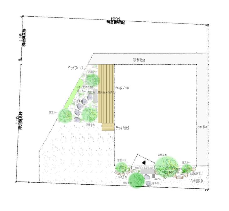 【ケース4】約65㎡のお庭の場合
駐車場23㎡、ウッドデッキ6㎡、石積み5㎡、沓脱・園路1式、砂利敷き16㎡、ゴロタ石敷き12㎡、植栽(高木2本、中木4本、低木曽田草類)=2,100,000円(税込み)