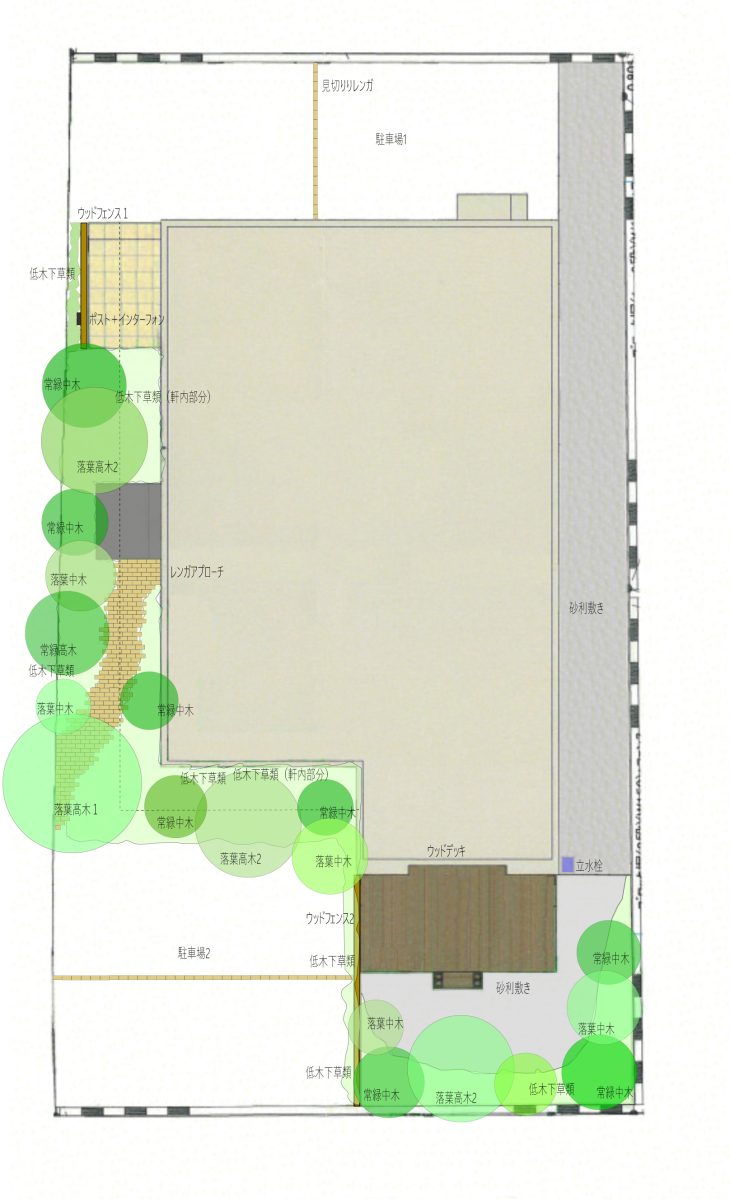 【ケース5】約115㎡のお庭の場合
駐車場28㎡+25㎡、ウッドデッキ7㎡、ウッドフェンス2.4m+4.3m、レンガ園路4㎡、砂利敷き31㎡、残土出し客土3㎡、植栽(高木5本、中木8本、低木下草)=3,300,000円(税込み)