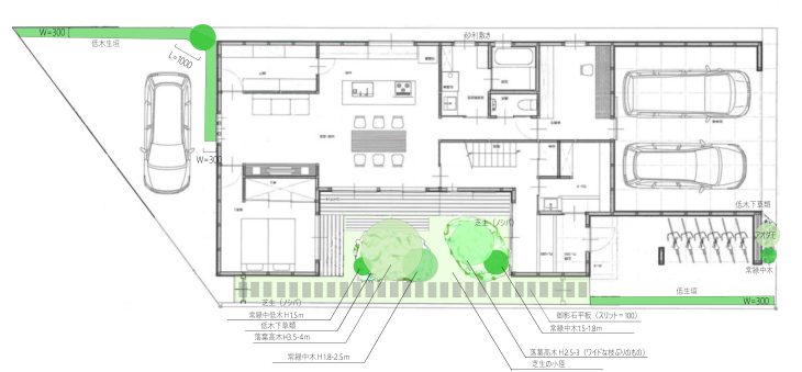 【ケース2】約44㎡のお庭の場合
平板据え付け5㎡、ゴロタ石敷き1㎡、砂利敷き12㎡、植栽(高木2本、中木6本、生垣5m、低木下草、芝生14㎡)=1,100,000円(税込み)